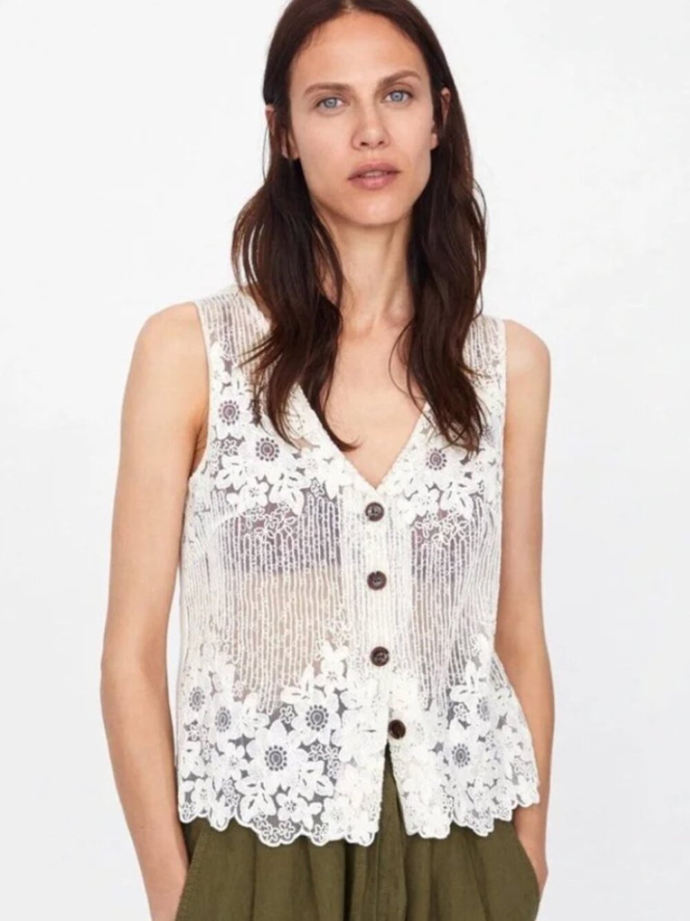 RARE Zara Ivory Linen Crochet Lace Button Front Vest Waistcoat M